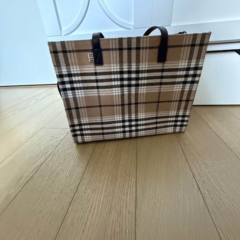 BEIS Beige Plaid Tote Laptop Bag with Black Handles
